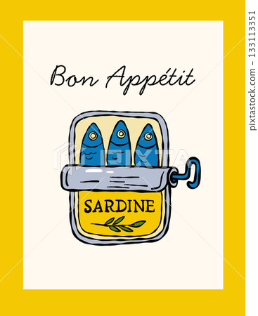 Retro sardine poster with Bon App?tit text and yellow border Retro sardine poster with Bon App?tit text and yellow border 133113351