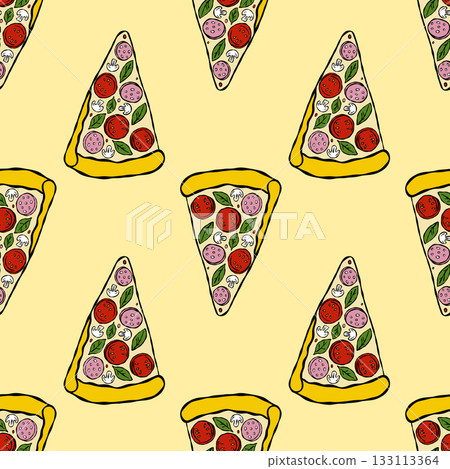 Seamless pizza slice pattern with yellow background 133113364