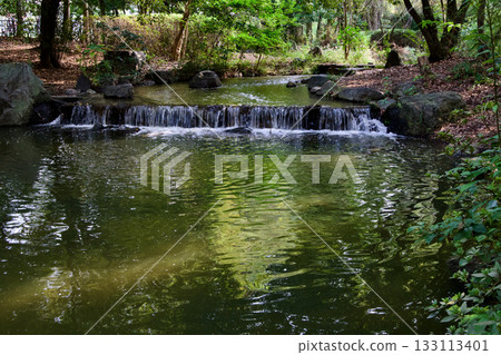 A waterfall surrounded by greenery and its reflection on the water surface A waterfall surrounded by greenery and its reflection on the water surface 133113401