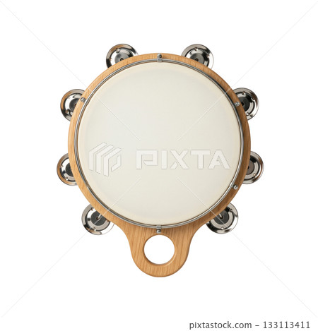 Wooden tambourine with metal jingles musical instrument for rhythm and percussion top view Wooden tambourine with metal jingles musical instrument for rhythm and percussion top view 133113411