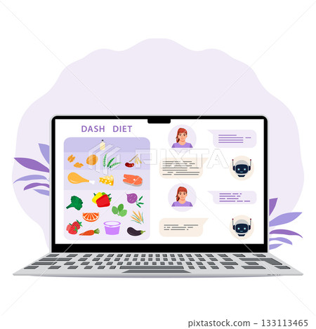 DASH diet concept with laptop showing diet plan and virtual assistant for healthy lifestyle advice 133113465