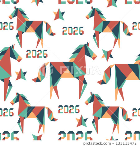 Geometric colorful horse pattern with stars and date 2026 for new year celebration background 133113472