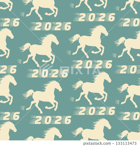 Year 2026 seamless horse pattern with numbers, ideal for new year decorations or backgrounds 133113473