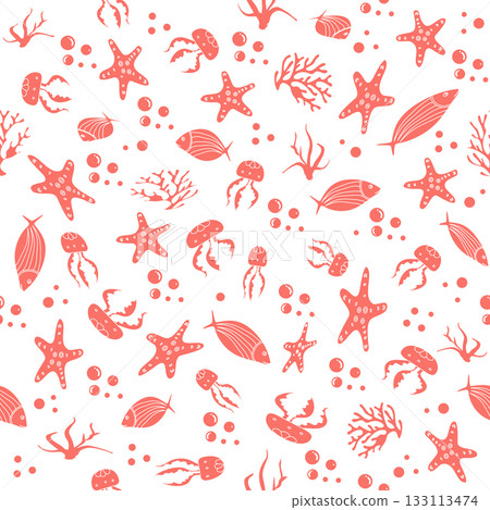 Seamless marine pattern with fish, jellyfish, starfish, and coral on white background 133113474