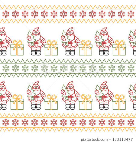 Christmas pattern with Santa Claus, gifts, and snowflakes in red, green, and yellow lines Christmas pattern with Santa Claus, gifts, and snowflakes in red, green, and yellow lines 133113477