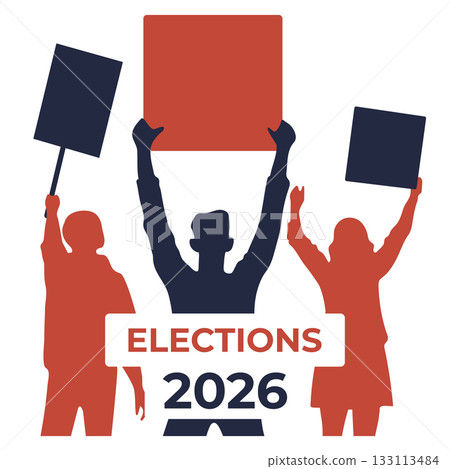 Election protest silhouettes holding signs and banner for 2026 democratic participation concept Election protest silhouettes holding signs and banner for 2026 democratic participation concept 133113484