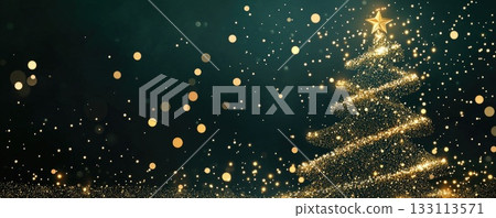 golden glittering shiny christmas tree on green background banner illustration 133113571