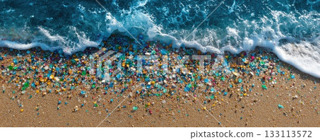 microplastics an the beach environmental pollution concept 133113572