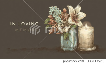 condolence card with flowers and candle in loving memory illustration 133113573