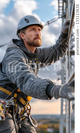 Electrician engineer tests electrical installations. Worker on high-voltage transmission tower adjusts scheme of automation, controls electrical equipment on electric power pole. vertical image 133113638