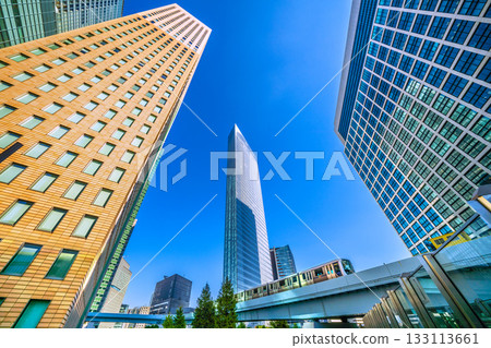 Tokyo cityscape in Japan: Shiodome office district. Views of Shiodome Tower, Yurikamome Line, Dentsu headquarters, Conrad Tokyo, etc. 133113661