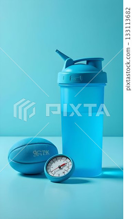 Hydration and fitness essentials in blue tones on a clean surface with a focus on sports and wellness 133113682
