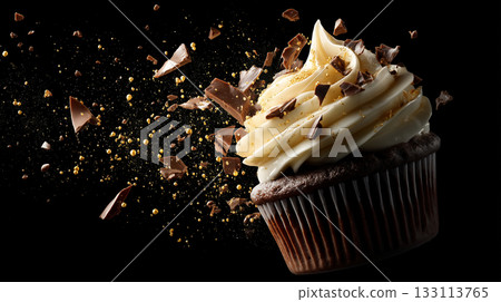 One chocolate muffin fresh baked with space. Dark cupcake falling mid-air. Sweet vanilla frosting falls on black background. Crumbs flying and chocolate shards golden sprinkles fly. 133113765