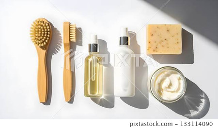 Beauty products arranged on a countertop with natural light highlighting the items in a clean setting 133114090