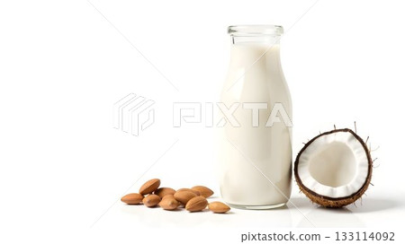Almond and coconut milk with nuts on a white background for healthy beverage ideas 133114092