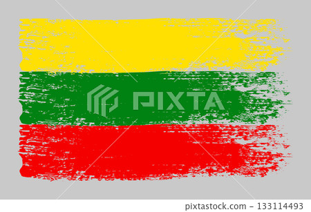 Grunge Lithuania flag. Vintage national flag of Lithuania with ink grunge texture and paint brush strokes. Vector illustration for Independence Day, patriotic design and creative background. 133114493