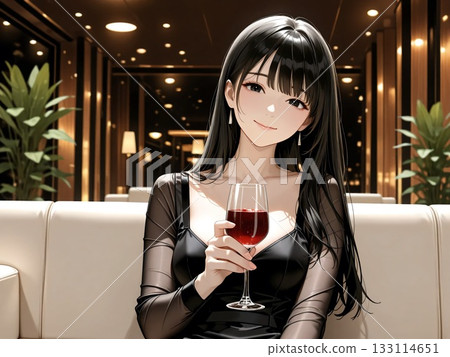 A woman in a black see-through dress is drinking at a bar 133114651