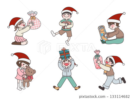 一組兒童收到禮物的插圖。 133114682