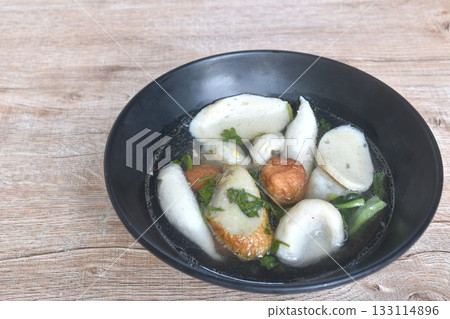 boiled fish and shrimp meatball with cabbage in clear soup on bowl boiled fish and shrimp meatball with cabbage in clear soup on bowl 133114896