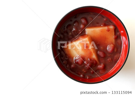 Zenzai with mochi on a white background viewed from directly above Zenzai with mochi on a white background viewed from directly above 133115094