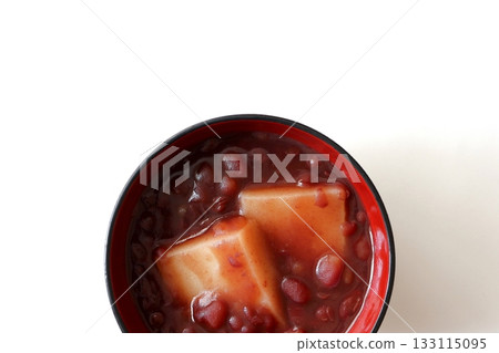 Zenzai with mochi on a white background viewed from directly above Zenzai with mochi on a white background viewed from directly above 133115095