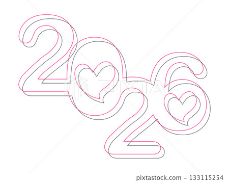 Outline-style pop design of 2026 combining hearts | 2026, heart, number, line drawing, cute, 133115254