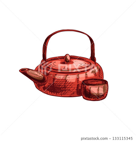 Asian red ceramic teapot and cup. Vintage vector hatching illustration Asian red ceramic teapot and cup. Vintage vector hatching illustration 133115345