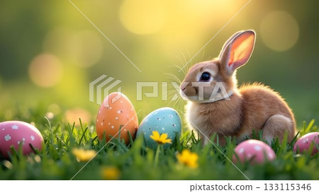 Cute bunny surrounded by colorful eggs in a sunny meadow during springtime festivities 133115346