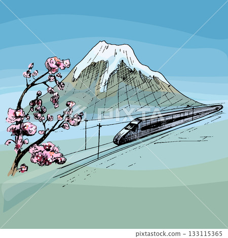 View of Mountain Fuji and traveling train. Vector vintage hatching View of Mountain Fuji and traveling train. Vector vintage hatching 133115365