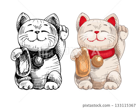Maneki neko. Japan lucky cat with raised paw. Vintage vector hatching 133115367