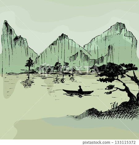 Fisherman on boat. Japan. Vintage hatching japanese landscape with mountains, lake Fisherman on boat. Japan. Vintage hatching japanese landscape with mountains, lake 133115372