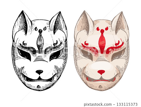 Japanese Kitsune fox mask. Vintage vector hatching 133115373