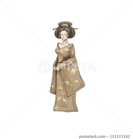 Woman dressed in kimono. Vintage vector hatching color illustration 133115382