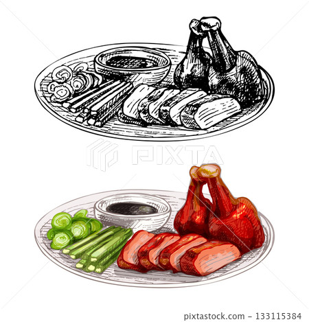 Peking duck with sauce on plate. Vintage vector hatching hand drawn illustration isolated 133115384
