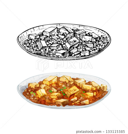 Mapo tofu on plate. Vintage vector hatching hand drawn illustration isolated 133115385