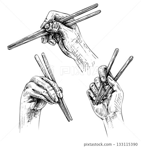 Different poses female hands holding a chopsticks. Vintage vector hatching 133115390