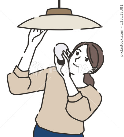 A woman changing a light bulb to save electricity 133115391