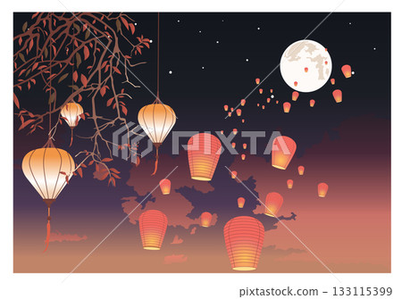 Paper lanterns with flames fly into the night sky. Color vector illustration 133115399