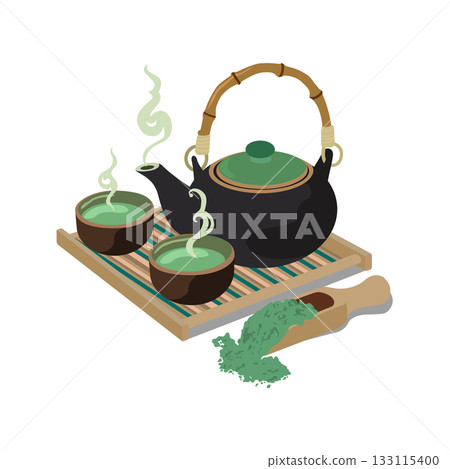 Traditional asian kettle and cup with matcha. Color flat cartoon illustration. Traditional asian kettle and cup with matcha. Color flat cartoon illustration. 133115400