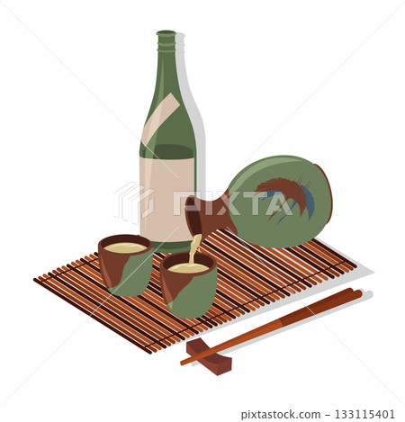 Sake glass, bottle. Vector color flat cartoon illustration 133115401