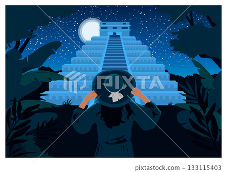 Woman looks at the Maya pyramid. Vector color illustration 133115403