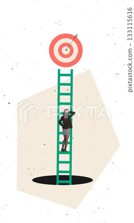 Conceptual poster of woman climbing ladder toward target while standing above uncertainty Conceptual poster of woman climbing ladder toward target while standing above uncertainty 133115616