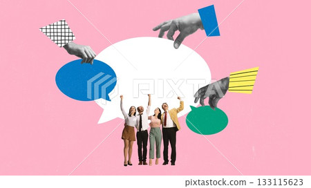 Playful collage of cheering coworkers surrounded by oversized speech bubbles and guiding hands Playful collage of cheering coworkers surrounded by oversized speech bubbles and guiding hands 133115623