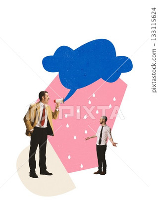 Expressive artwork of boss yelling through megaphone at confused employee under symbolic rain cloud Expressive artwork of boss yelling through megaphone at confused employee under symbolic rain cloud 133115624