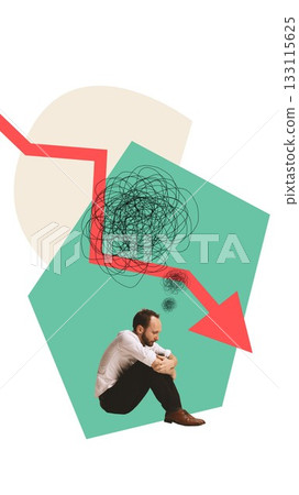 Expressive poster of man overwhelmed by downward arrow and chaotic scribbles Expressive poster of man overwhelmed by downward arrow and chaotic scribbles 133115625