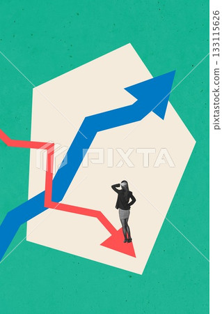Abstract composition of woman standing between rising and falling trend arrows. 133115626