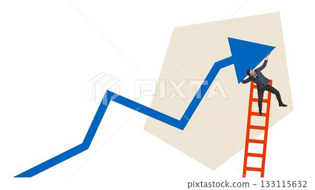 Graphic composition of a businessman lifting a heavy rising arrow. Graphic composition of a businessman lifting a heavy rising arrow. 133115632