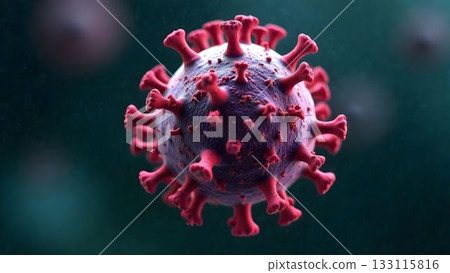 close-up view of a virus, highlighting its detail and structure, set against a blurred background suggesting a health crisis. 133115816
