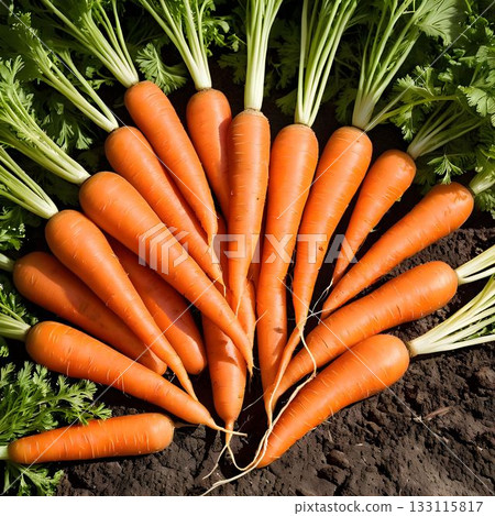 Freshly harvested carrots arranged on dark soil with vibrant green leafy tops in a garden setting 133115817