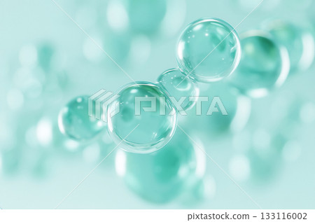 A transparent blue-green beauty molecule image, with a background expressing the moisturizing properties of CICA and hyaluronic acid 133116002